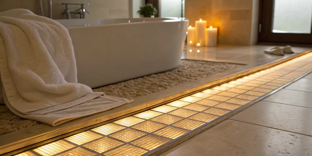 Heated bathroom floors in a modern, tiled bathroom with a white tub.
