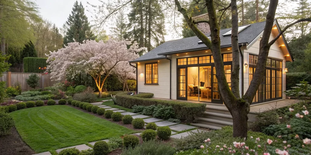 A modern ADU with large windows, expertly built by a licensed ADU contractor.