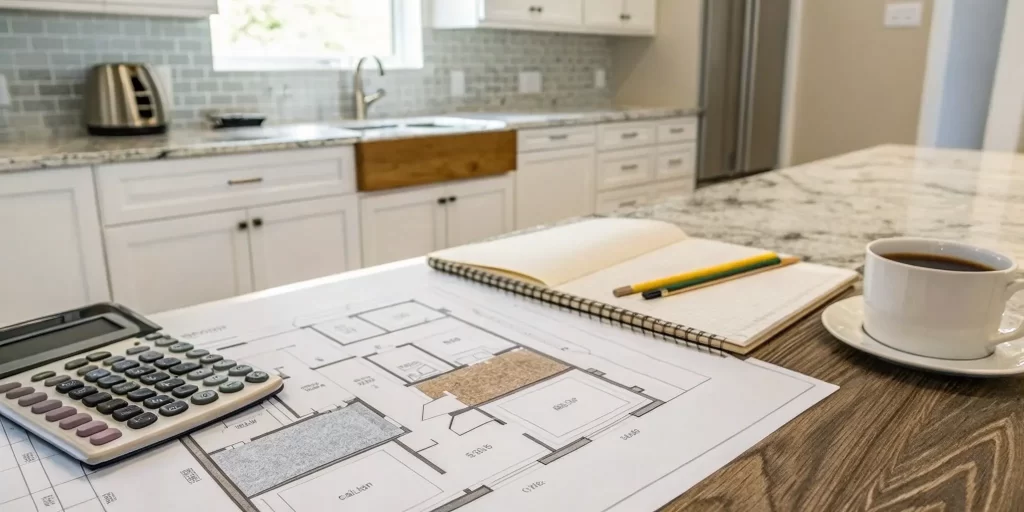 Budgeting for a kitchen remodel company with a floor plan and calculator on a kitchen counter.