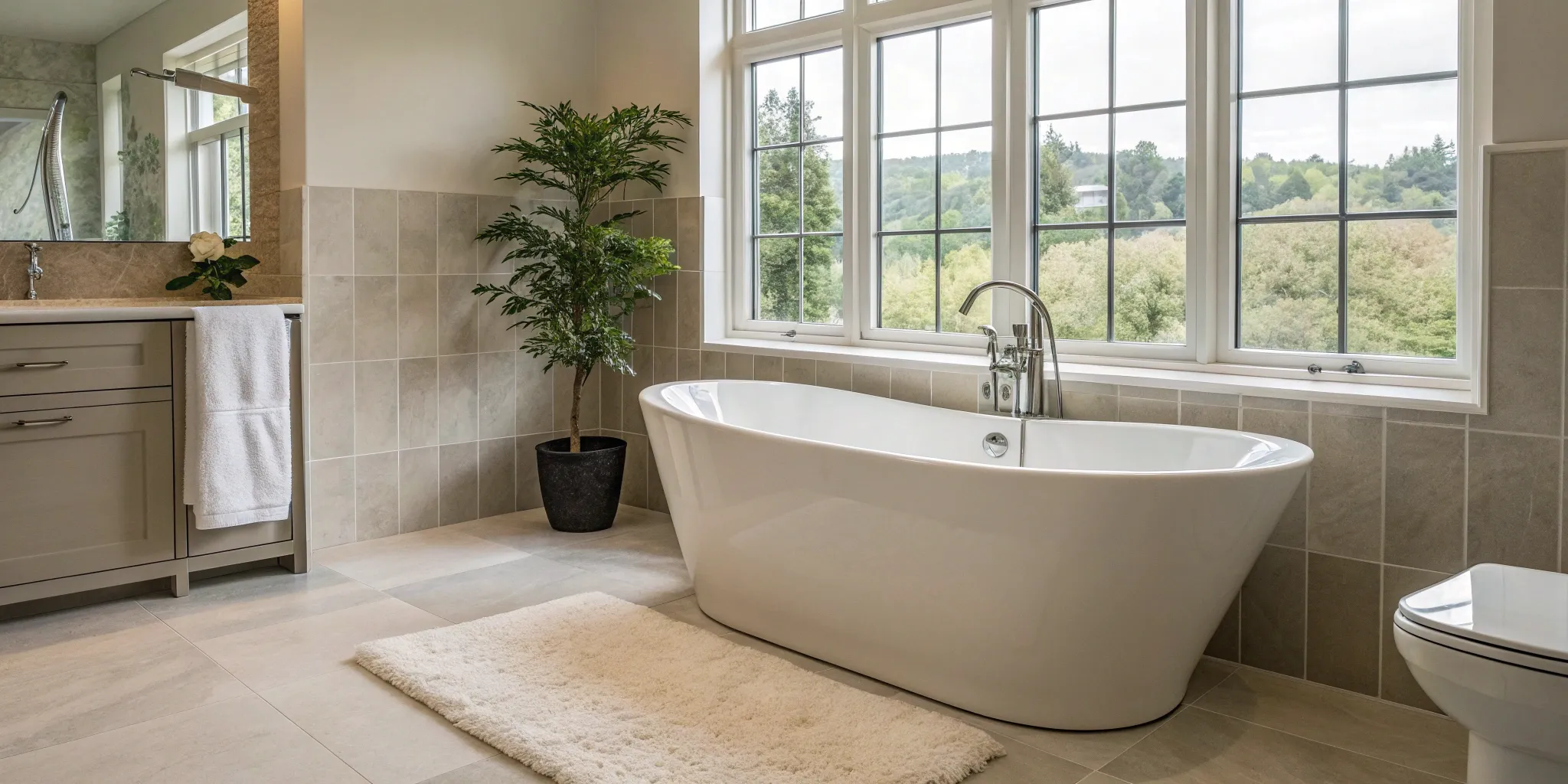 A modern bathroom remodel with a freestanding tub, the result of hiring a professional company.