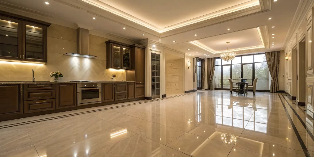 A spacious modern kitchen with glossy large format tile flooring.