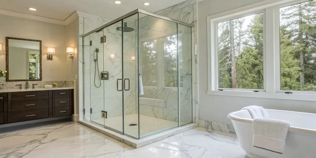 A modern walk-in shower remodel with a glass enclosure and floor-to-ceiling marble tile.