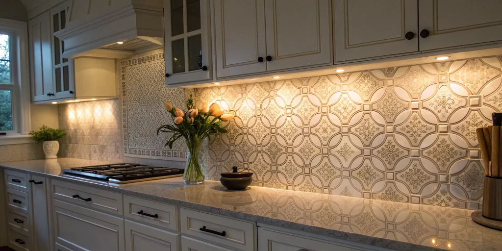 A newly completed backsplash installation of patterned tiles set above a kitchen counter.