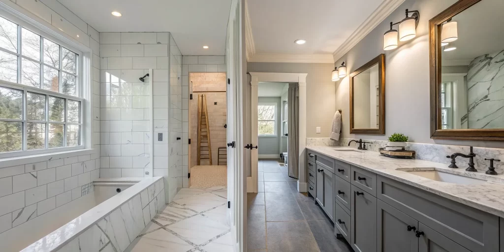 A modern bathroom renovation with a marble double vanity, large mirrors, and a spacious walk-in shower.