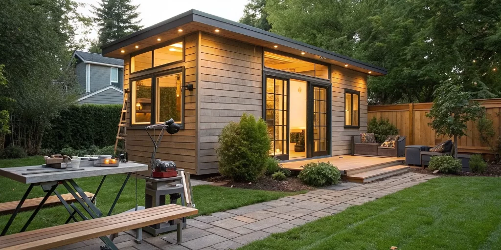 A modern backyard ADU with wood siding, built by a qualified ADU builder.