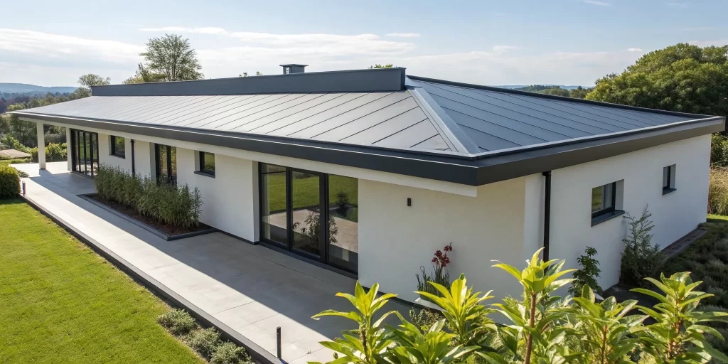 White TPO membrane installed on the flat roof of a modern home.