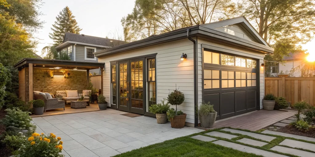 Modern garage conversion ADU with a stylish exterior, large windows, and a welcoming patio.