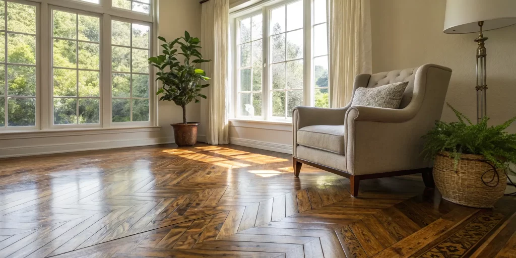 Beautifully refinished hardwood floors gleaming in a sunlit living room.