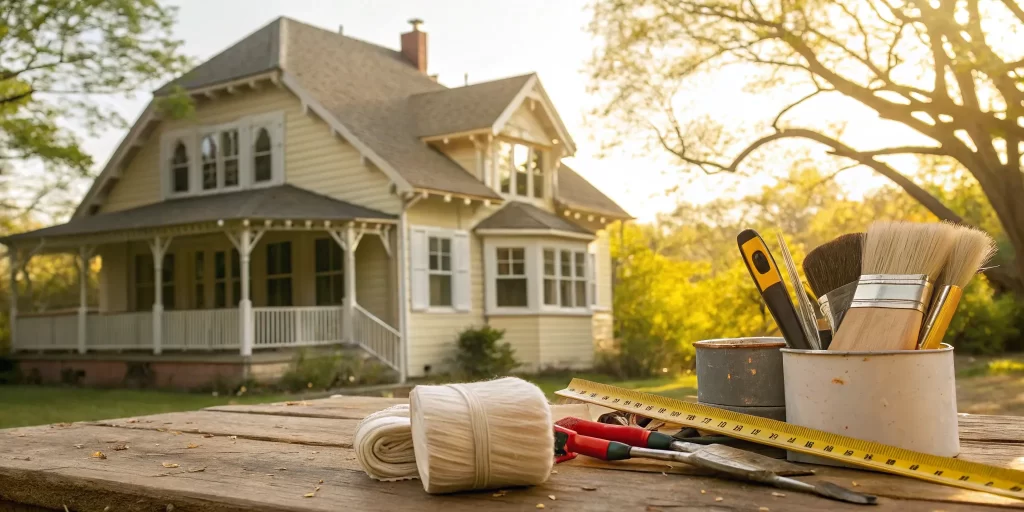 Planning a historical home renovation with essential tools and materials.