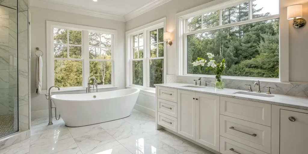 A modern bathroom renovation completed by professional bathroom remodelers near me.
