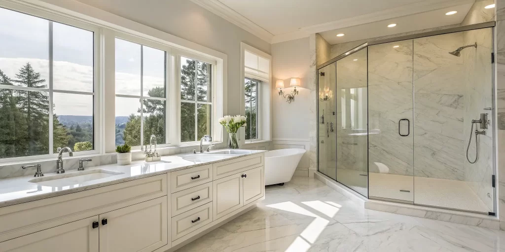 A professionally remodeled bathroom with a double vanity, glass shower, and freestanding tub.