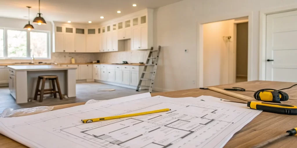 Planning a kitchen remodel with blueprints and documents to apply for building permits.