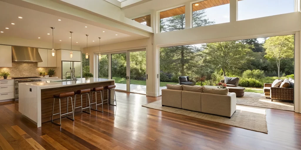 Spacious open floor plan with a modern kitchen and living room filled with natural light from large windows.