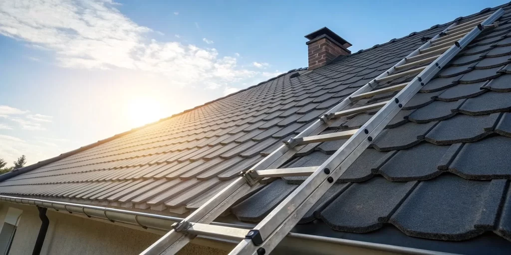 A ladder on a shingle roof prepared for a roof certification.