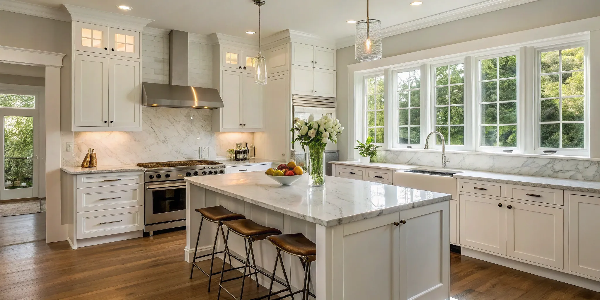 A modern kitchen renovation with white cabinets, marble countertops, and a large central island.