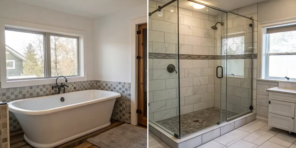 Modern glass-enclosed tile shower resulting from a tub to shower conversion.