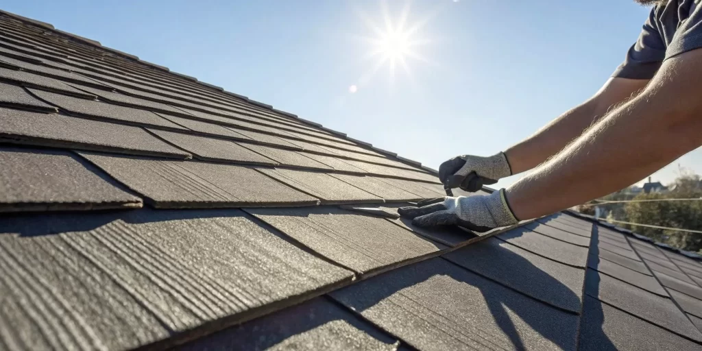 A roofer installing shingles, a critical step for keeping a roof warranty valid.