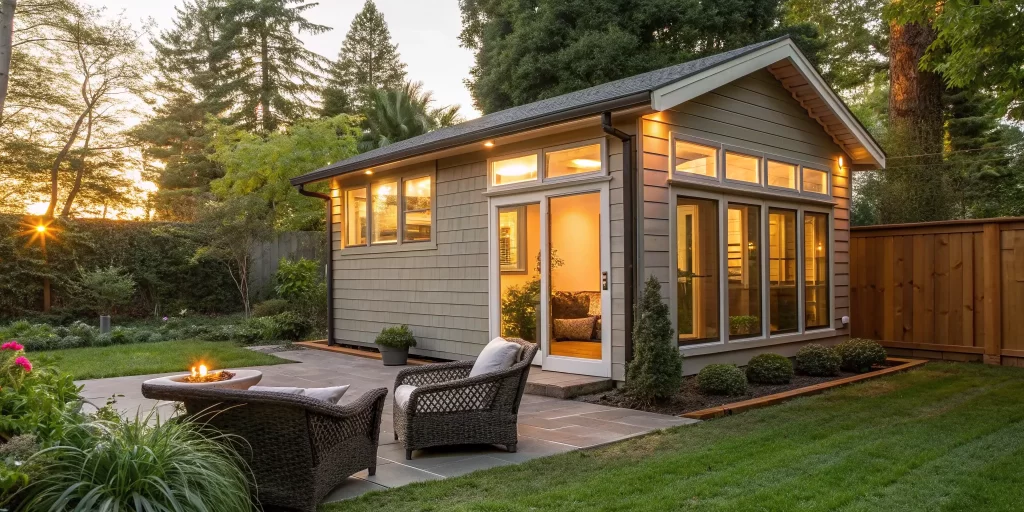 Modern attached ADU with large windows and a patio in a landscaped backyard.