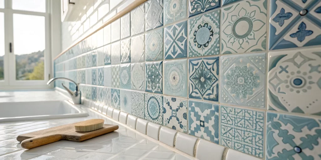 A clean bathroom tile installation with blue and white patterned tiles and even spacing.