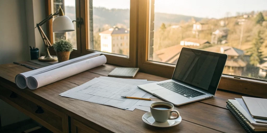 Construction scheduling in progress on a laptop, with blueprints and coffee on a desk.