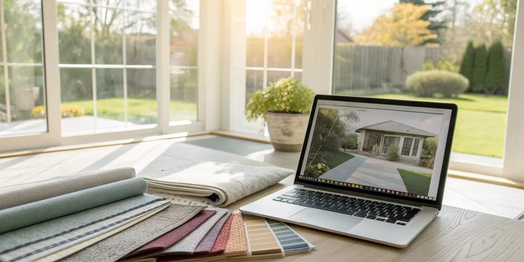 A laptop with a floor plan and material samples for home remodel design and planning.
