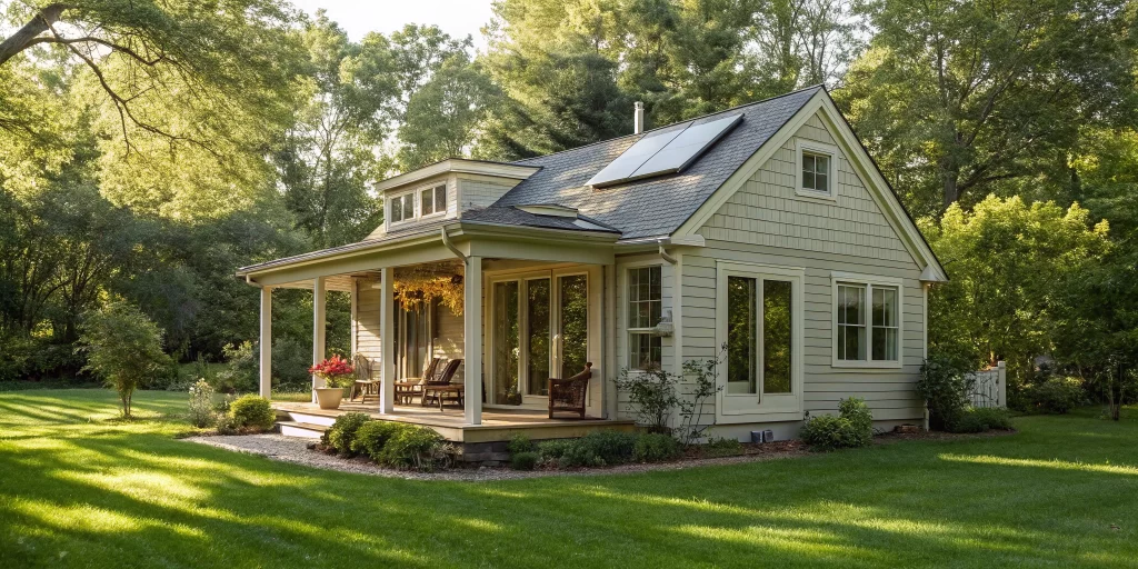 Detached ADU with solar panels and a porch in a spacious, green backyard.