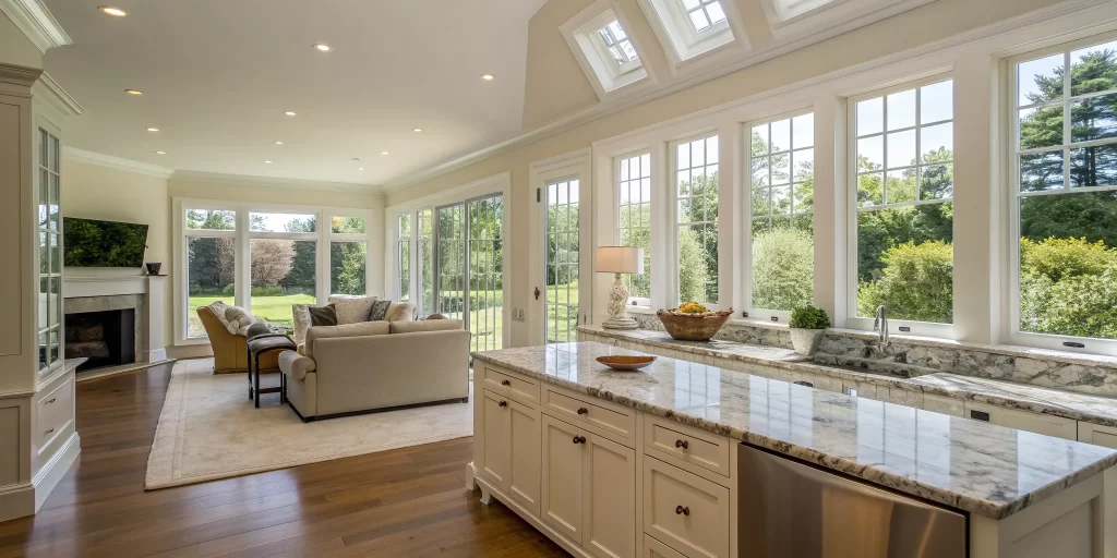 Bright, open-concept living room and kitchen after a full home remodel.