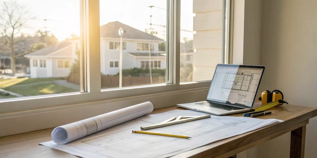 Desk with blueprints, a laptop, and paperwork for a home remodeling permit application.