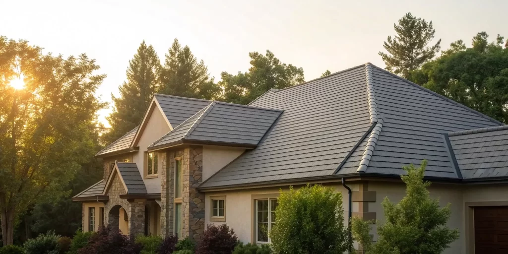 A residential home with a completed roof replacement using new dark shingles.