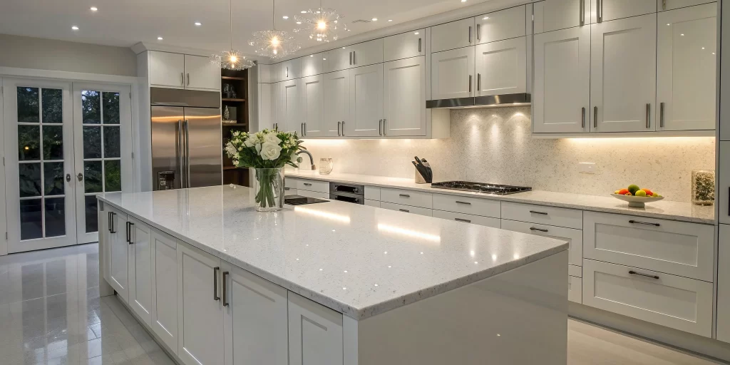 Modern kitchen remodel with white cabinets, a large quartz island, and stainless steel appliances.