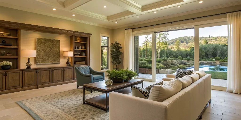 A modern living room remodel by a design-build contractor, showcasing a cohesive design.