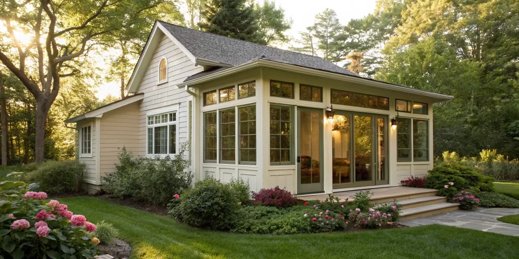 A modern backyard in-law unit with large windows and a separate entrance.