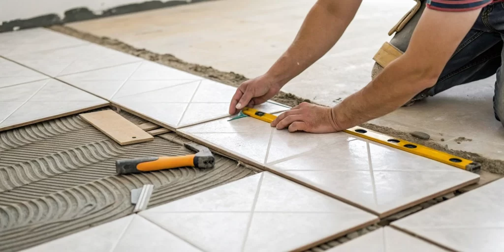 A tile flooring contractor expertly installing new floor tiles.