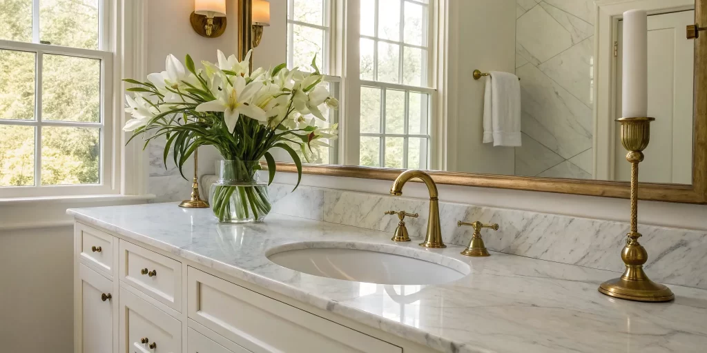 A stylish bathroom vanity with a marble top and gold fixtures after a successful replacement.