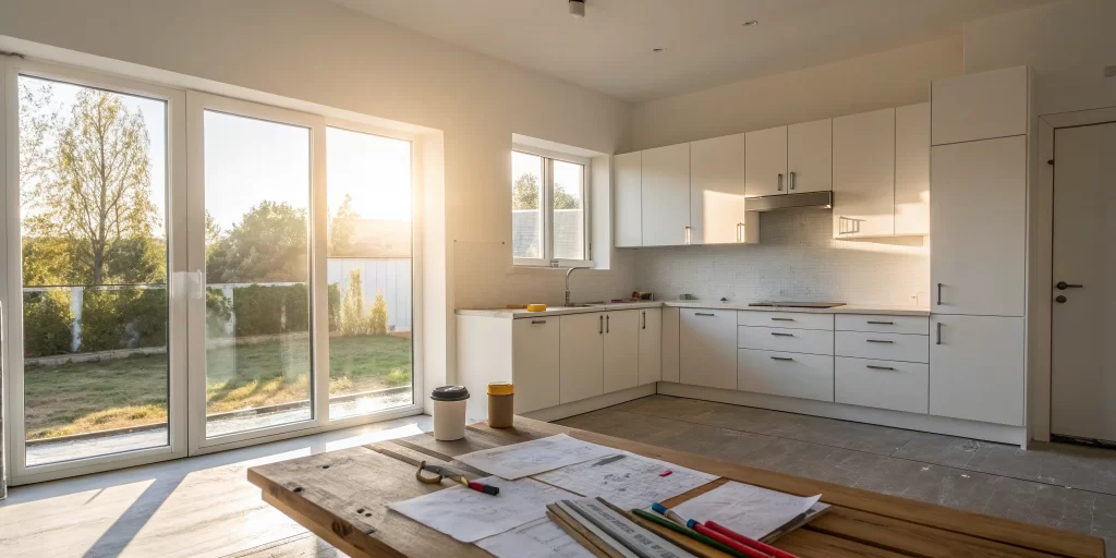 A kitchen remodel timeline shown in progress with new cabinets and renovation plans on the counter.