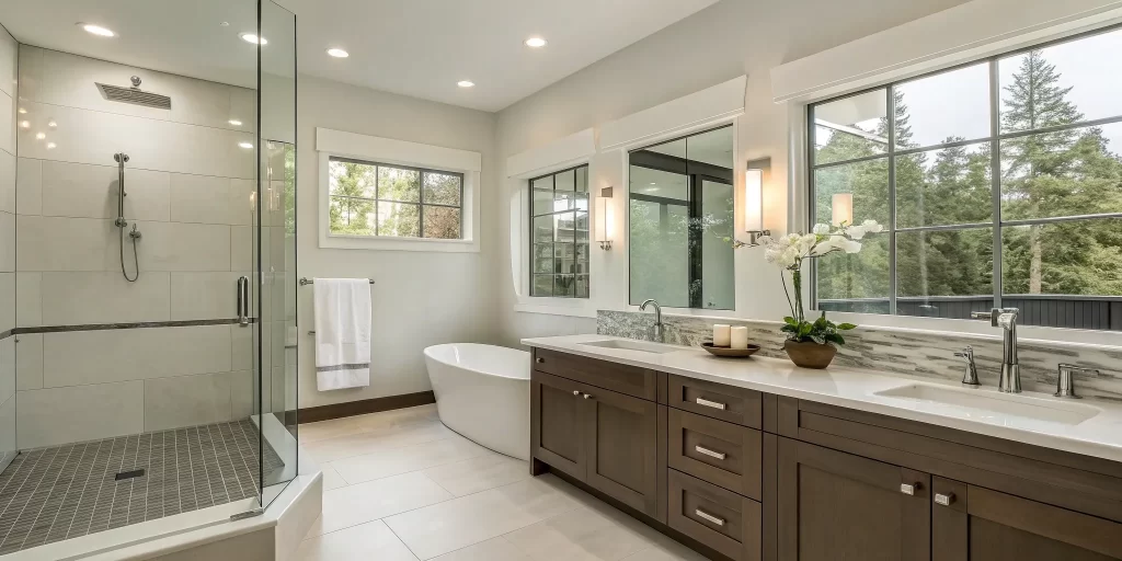 Primary bathroom remodel with a modern freestanding tub, glass walk-in shower, and double vanity.