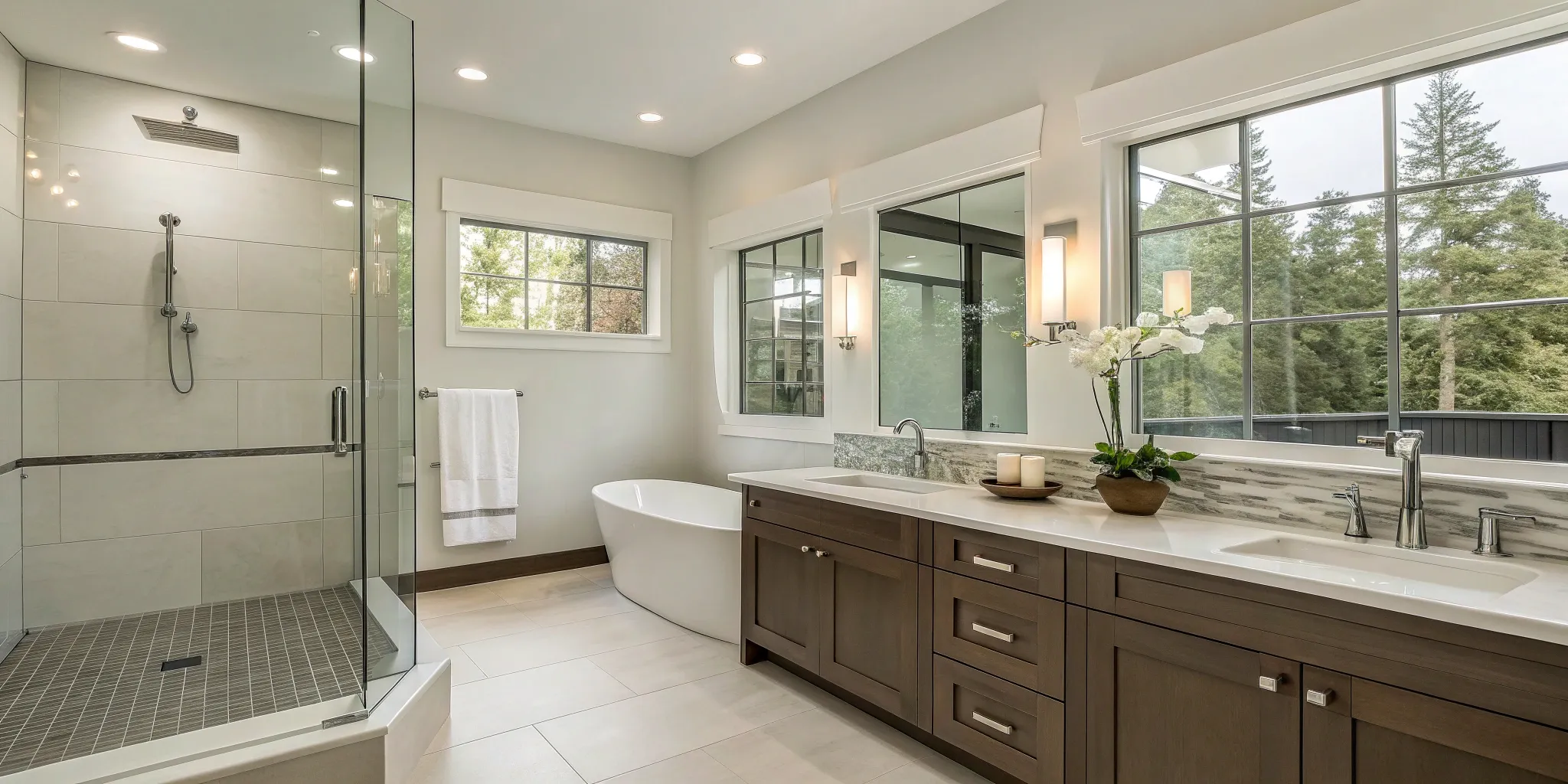Primary bathroom remodel with a modern freestanding tub, glass walk-in shower, and double vanity.