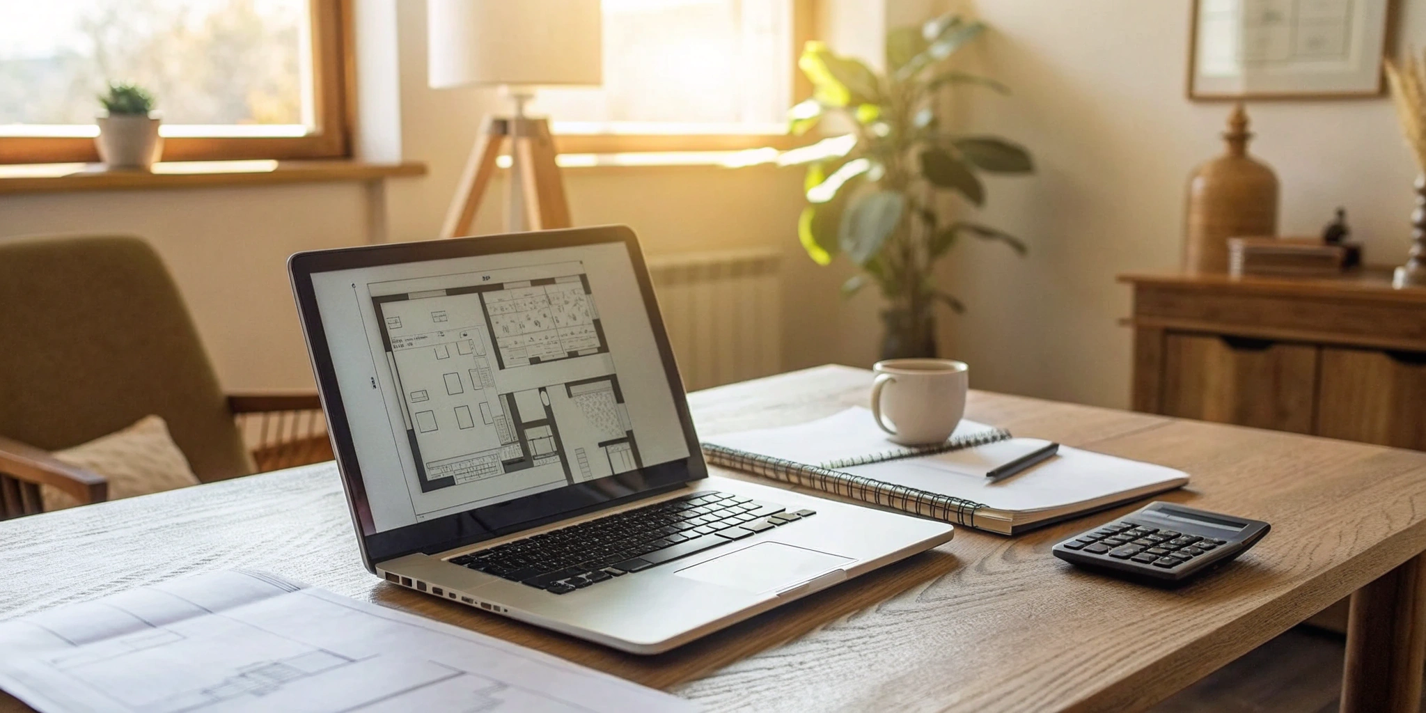 Planning a home remodeling estimate with a laptop, floor plan, calculator, and notebook.