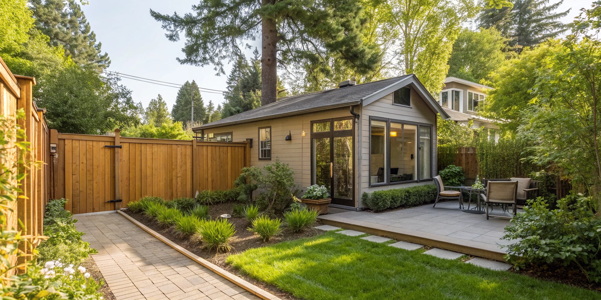 A detached ADU built to meet local setback requirements in a residential backyard.