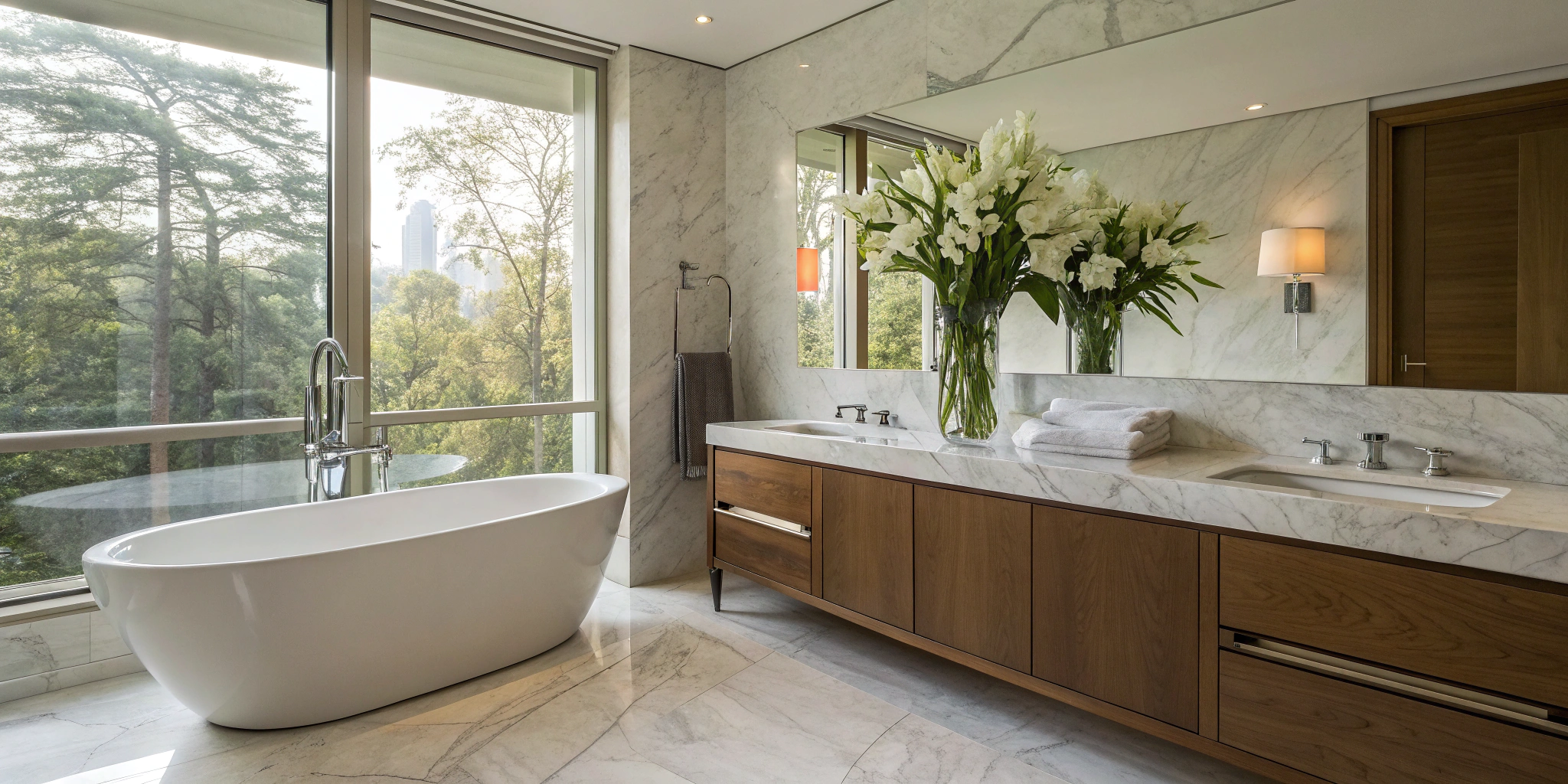 A modern bathroom remodel in Concord, CA with a freestanding tub and wood vanity.