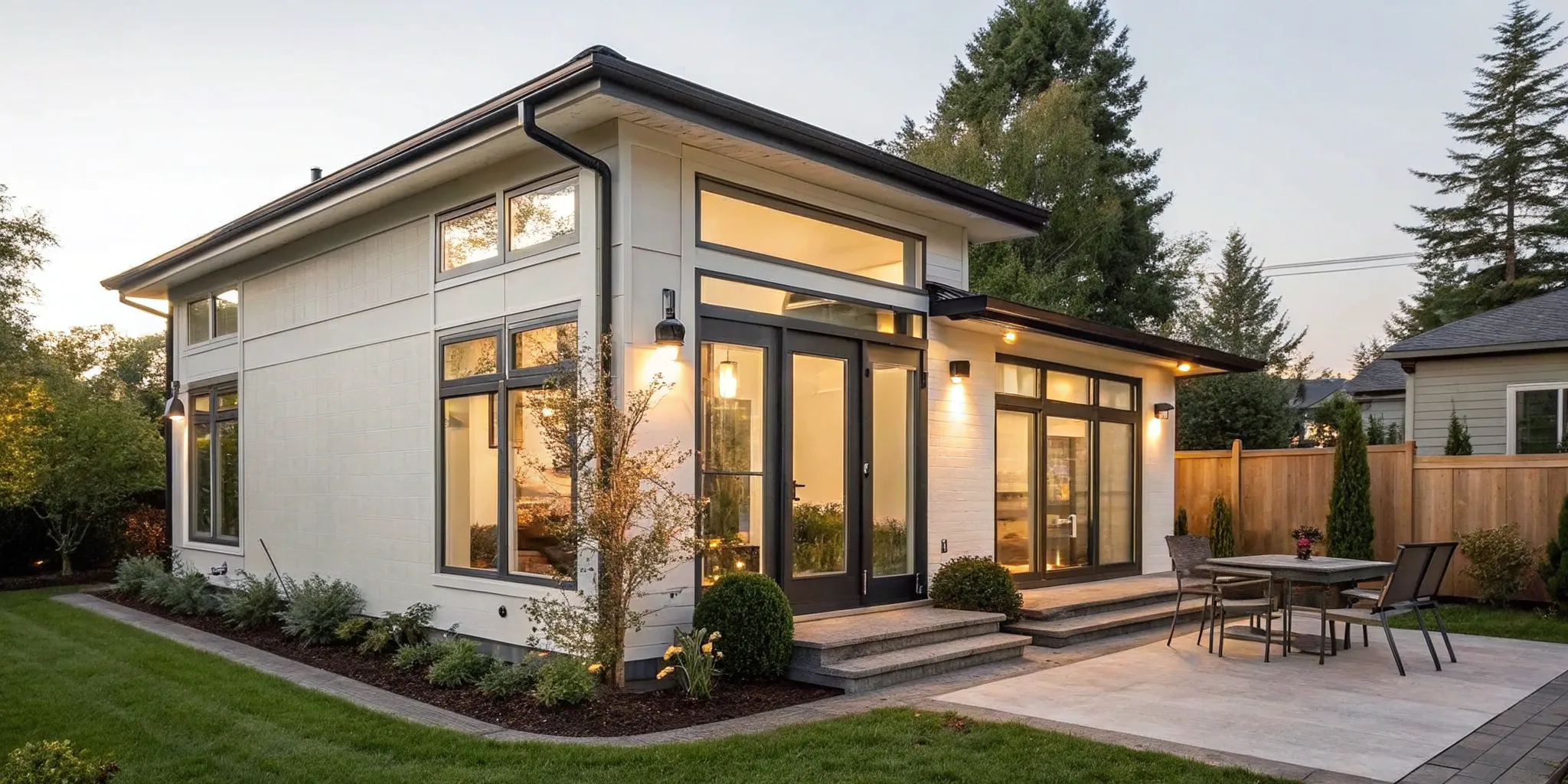 A modern rental ADU built in a backyard with a private entrance and patio for tenants.