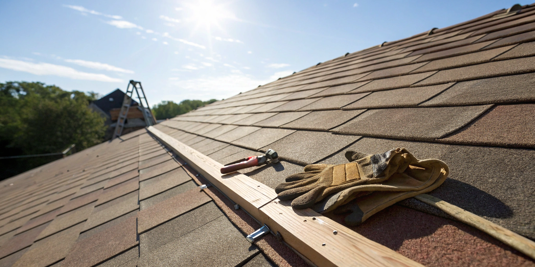 Tools and gloves from a roofing company near me on an asphalt shingle roof.