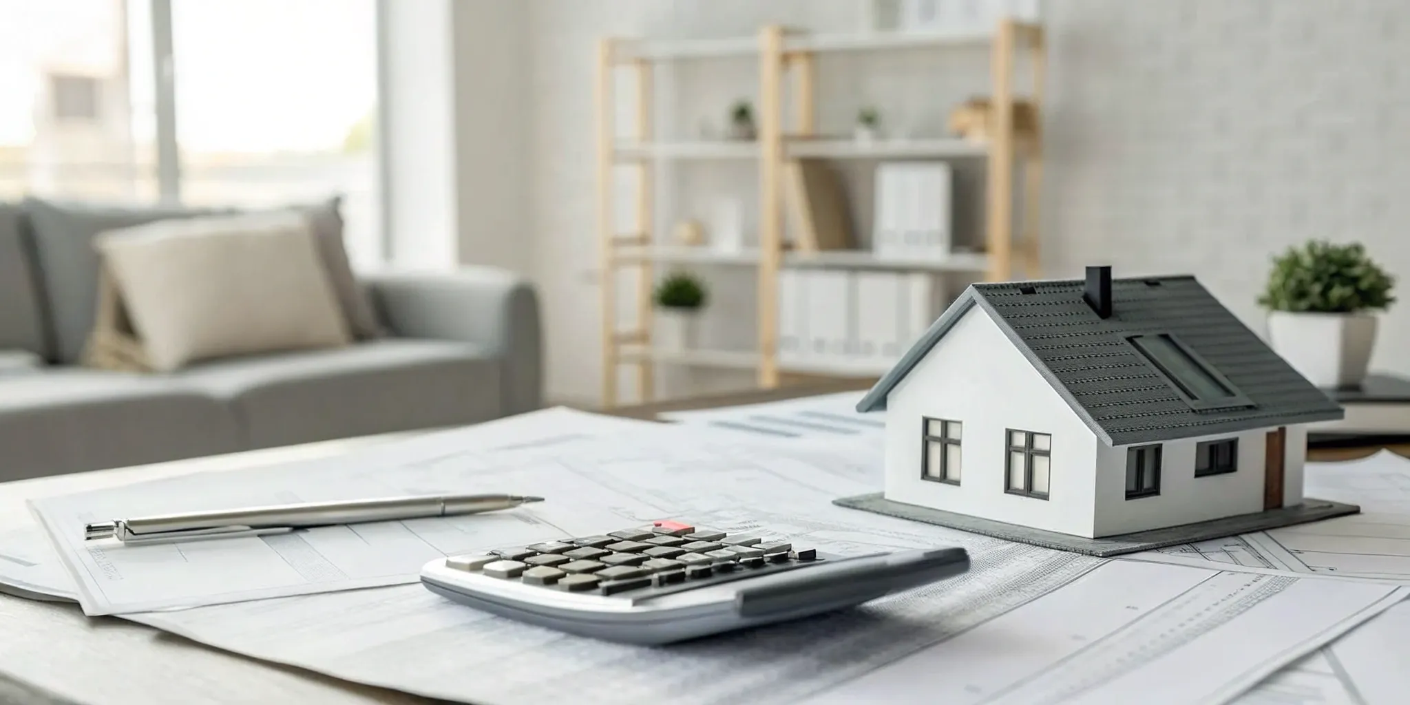 Model house, calculator, and pen on paperwork for choosing the best remodeling financing.