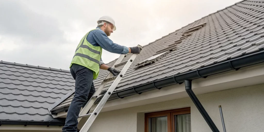 A professional roofing contractor inspects a roof to provide a detailed estimate.