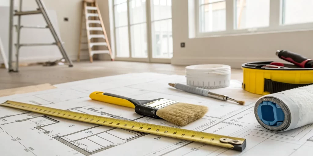 Planning a home remodeling project with tools and blueprints after checking contractor reviews.