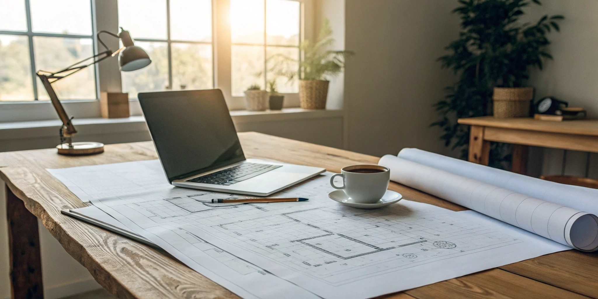 Managing a remodel project with blueprints and a laptop on a desk.