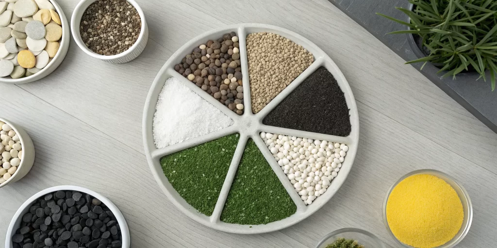 Bowls of different artificial turf infill, a key factor in the total installation cost.