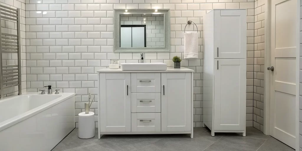 A modern white bathroom vanity replacement, a key factor in the total project cost.
