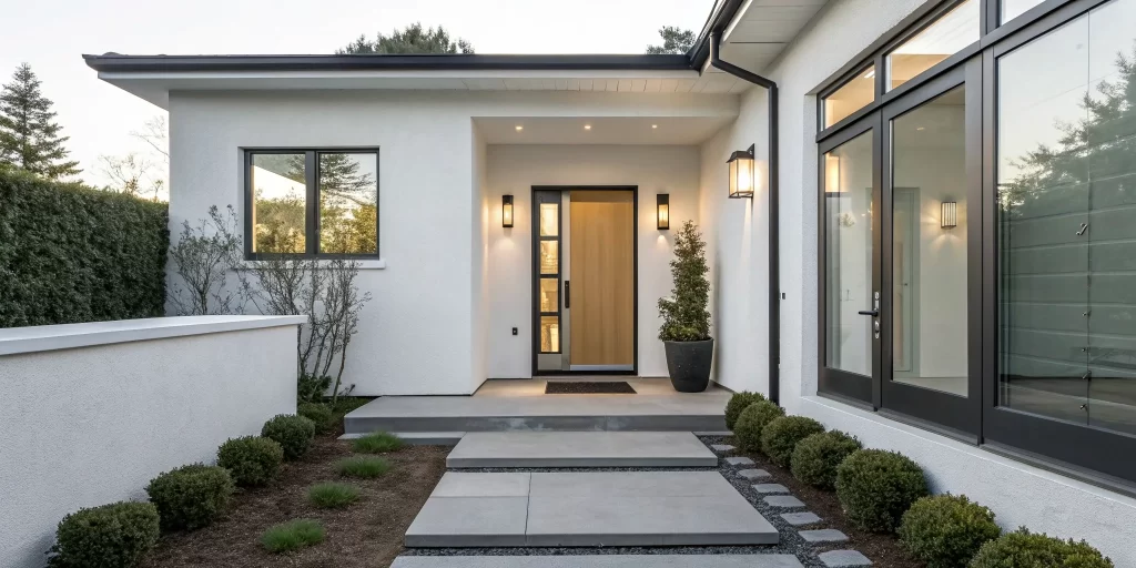 A modern front door with glass panels, a key factor in the overall replacement cost.