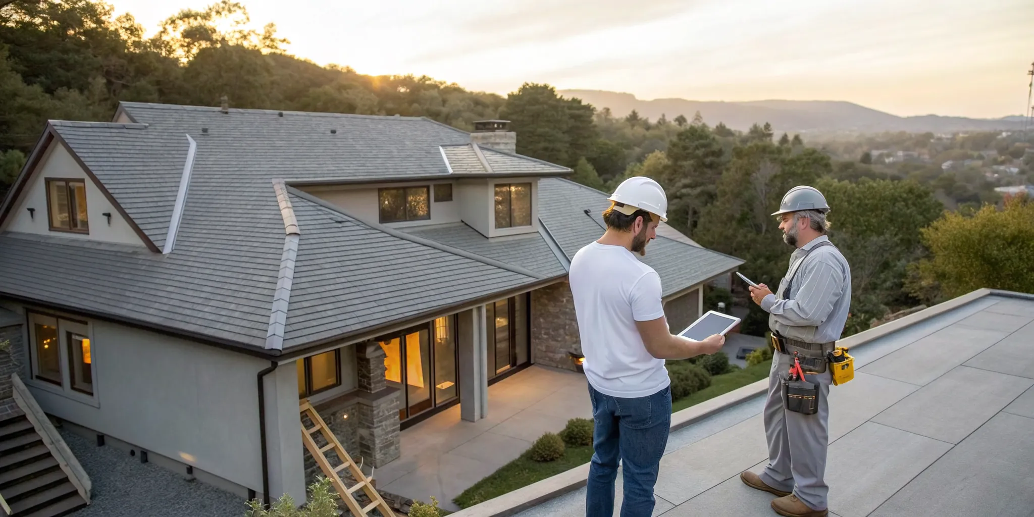 Roofing contractors inspecting a residential roof in Marin County.